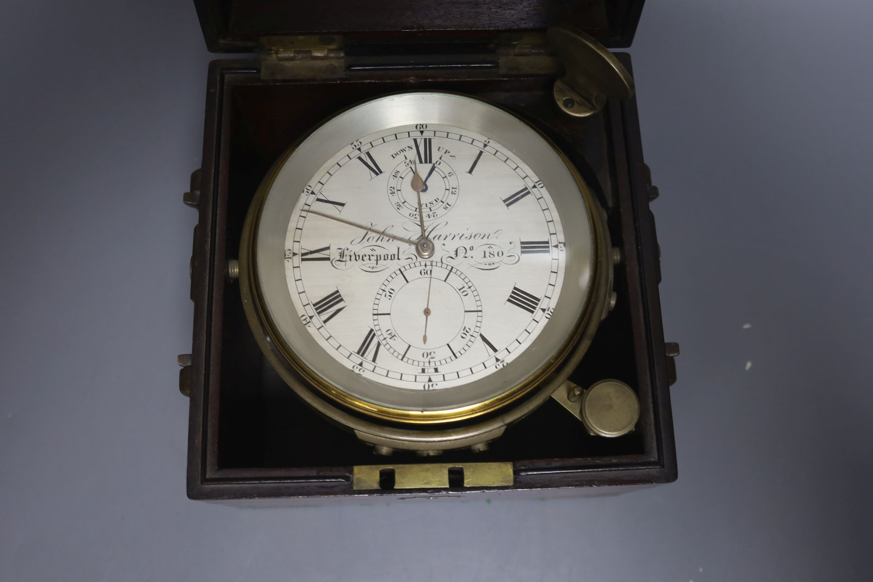 A Victorian mahogany and brass mounted marine chronometer, John Harrison, Liverpool No 180, 17.5cm